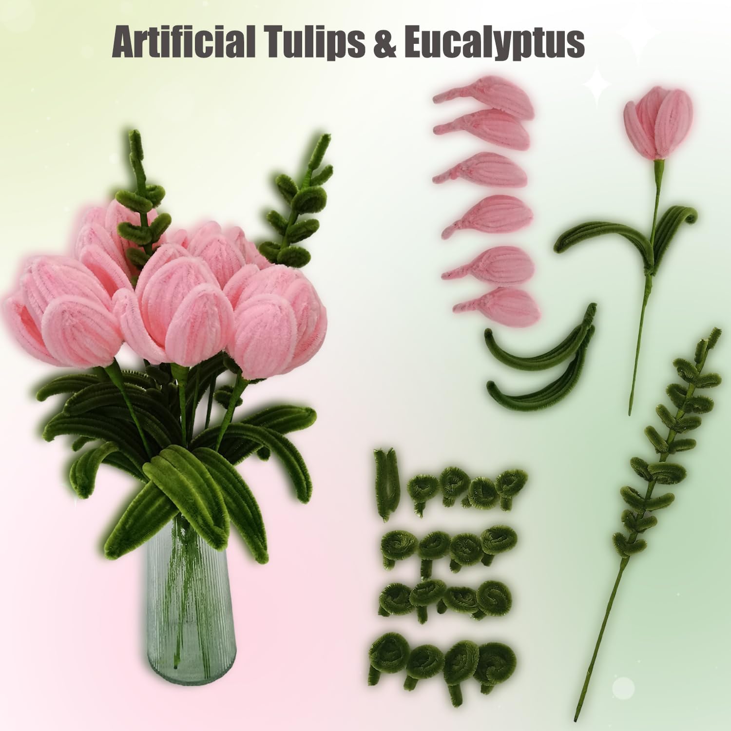 Pipe Cleaner Set, 200 Pcs, with Floral Wires and Floral Tape, Chenille Stems for Tulip Bouquet Making, Kids DIY Craft Projects and Decorations (Peach and Olive Green kit) 4
