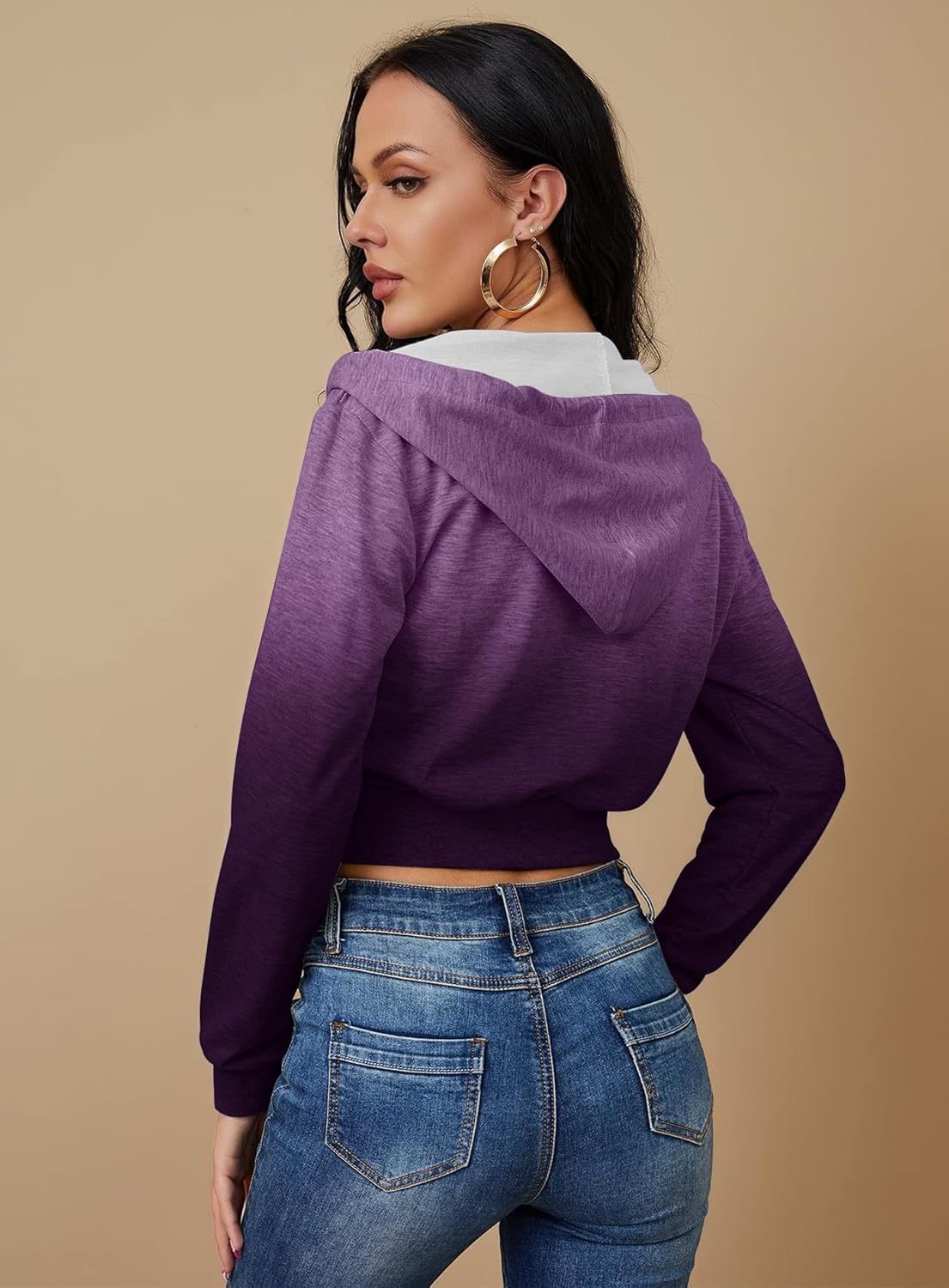 Women's Zip Up Hoodies Cropped Cardigan Jacket Drawstring Hooded Sweatshirts Casual Long Sleeve Top… - Image 5