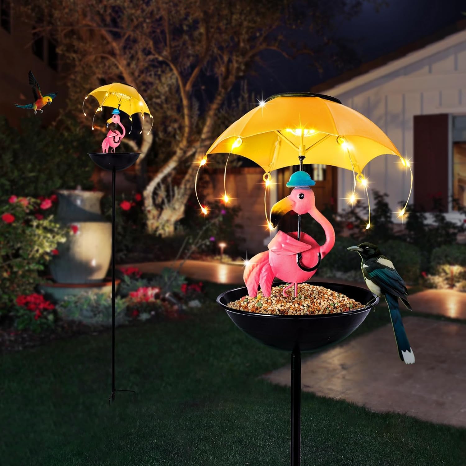 Solar-Powered Bird Feeder with LED Flamingo Light - Vibrant Garden Decor, Weatherproof Fun Feeding Device (Flamingo)
