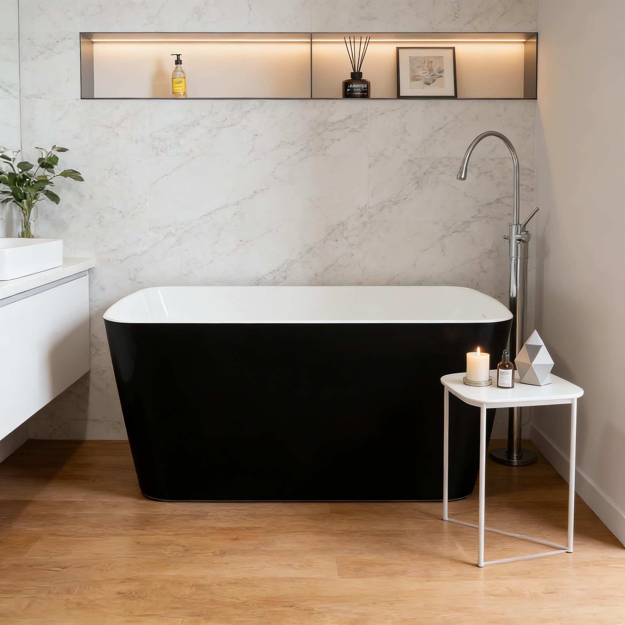 49 in Acrylic Freestanding Bathtub, Deep Soaking Stand Alone Tub with Chrome Overflow and Drain, Oval Bath Easy to Install,black exterior and white interior, Comfortable Small Space Tub