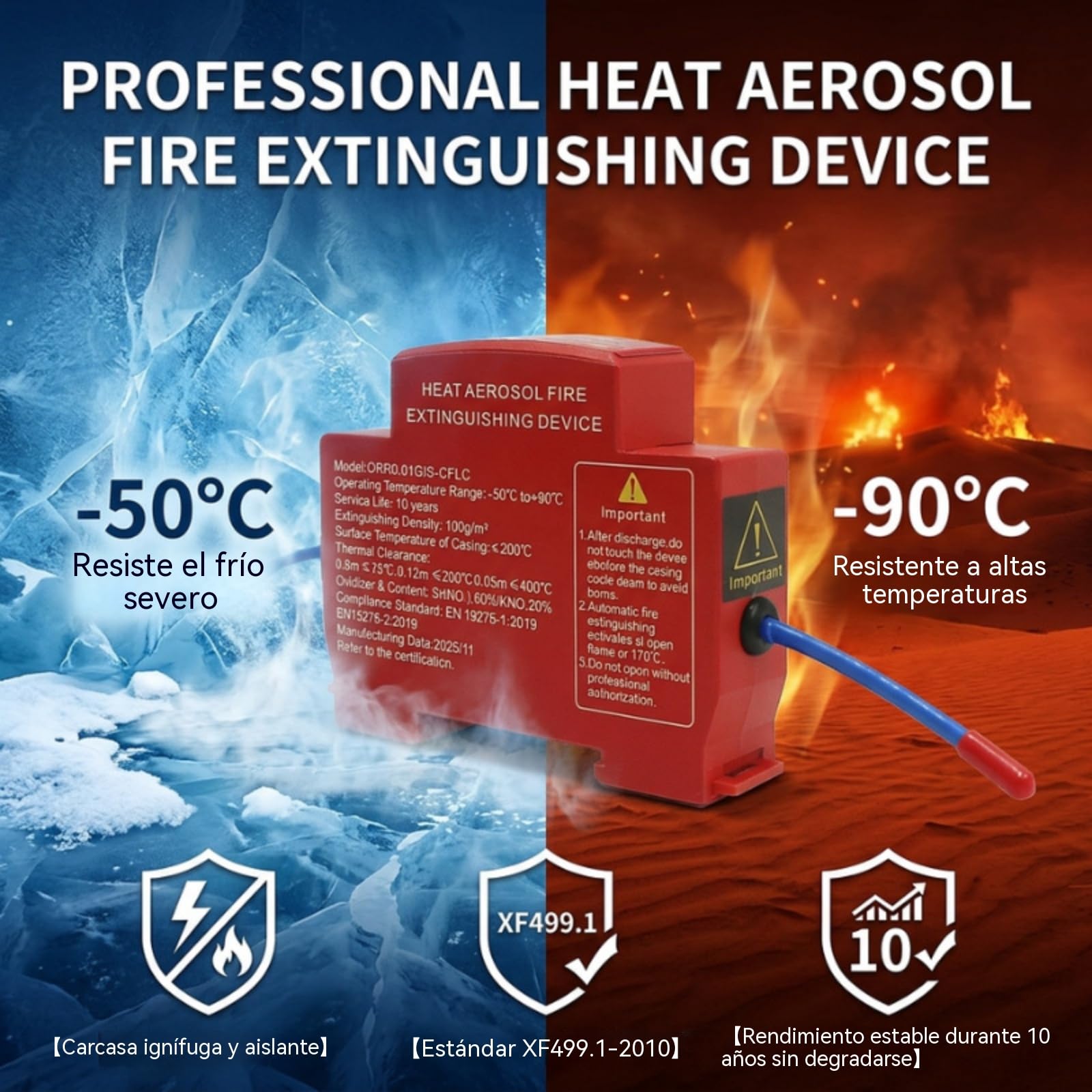 Dispositivo automático de extinción de incendios por aerosol para panel eléctrico, supresión rápida de 5 segundos, montaje en riel DIN, supresión de incendios compacta para sistema de almacenamiento
