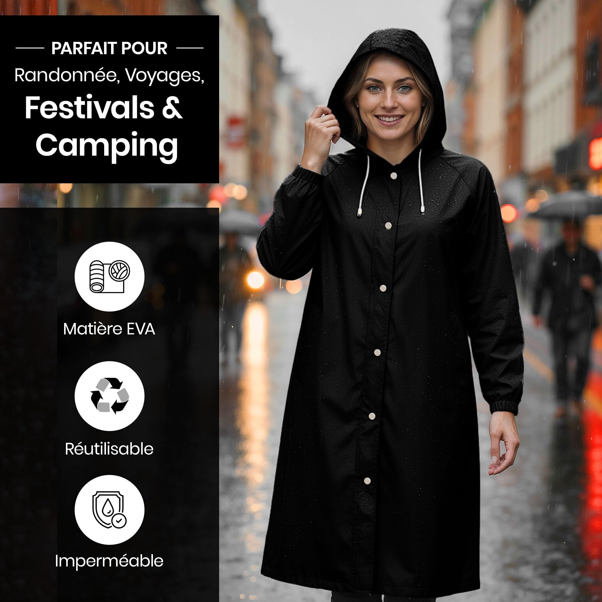 REDSTAR Poncho Pluie Imperméable Femme et Homme avec Capuche - 2 pièces, Veste longue waterproof à boutons pour adulte, Poncho de pluie long pour adulte, Pliable, Pour festival, randonnée, vélo