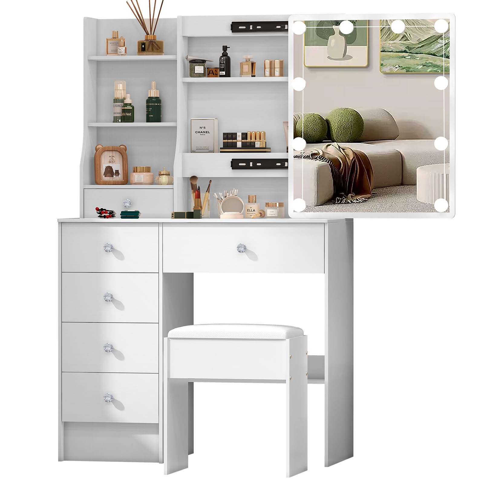 Caulitar Dressing Table with Mirror and LED Lights, Adjustable Brightness, Vanity Desk with 1 Stool, 6 Drawers and Open Shelves for Bedroom, 80x36x131 cm