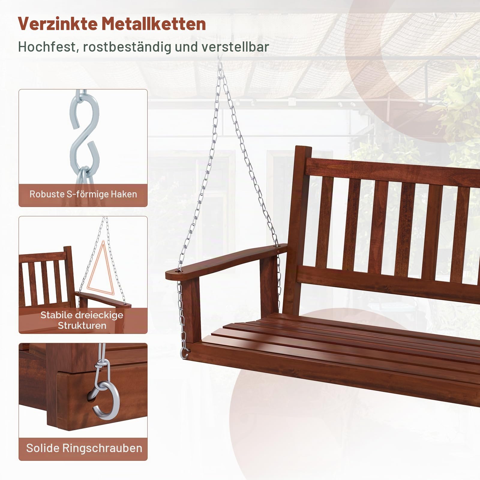 GIANTEX Hängeschaukel aus Holz, für 2/3 Personen, mit verstellbaren und robusten verzinkten Metallketten, mit Rückenlehne aus Latten und Sitz für Terrasse, Garten (168 x 65 x 63 cm, Braun)