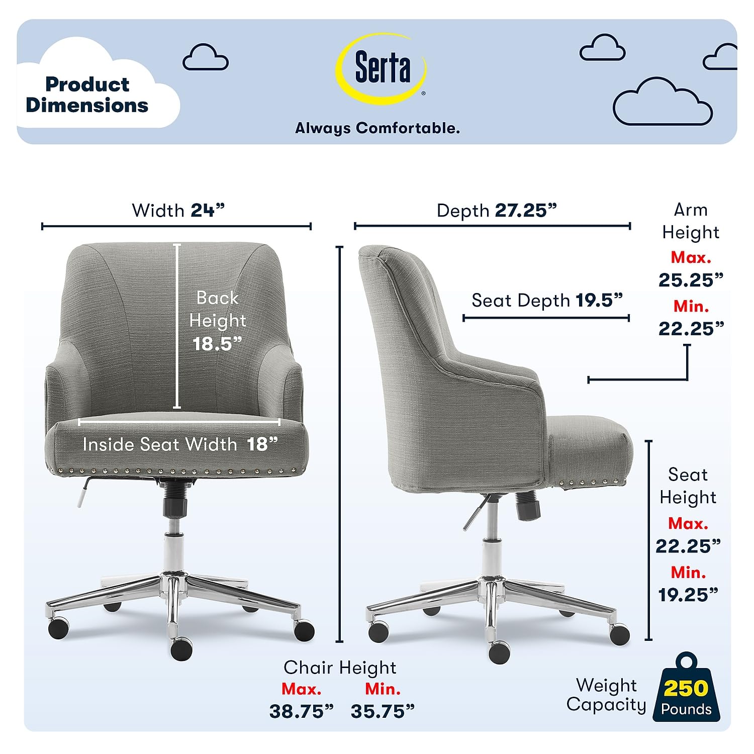 Serta Leighton Home Office Stuhl – Mit Memory-Schaum, Gepolsterten Armlehnen, Twill-Stoff
