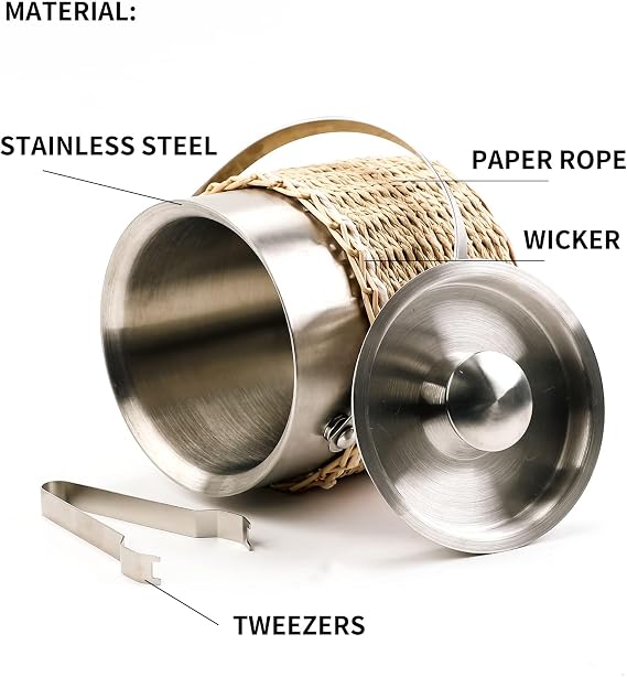 KINGWILLOW Handwoven 2L Stainless Steel Ice Bucket with Lid and Ice Tongs