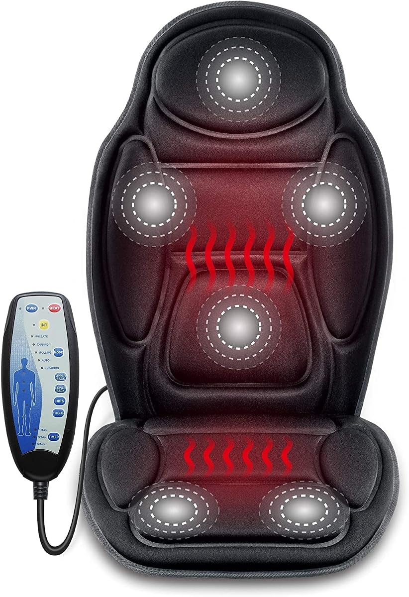 Cojín de asiento de masaje: masajeador de espalda con calor, 6 nodos de masaje por vibración y 2 niveles de calor, cojín de silla de masaje para silla de oficina en casa, negro