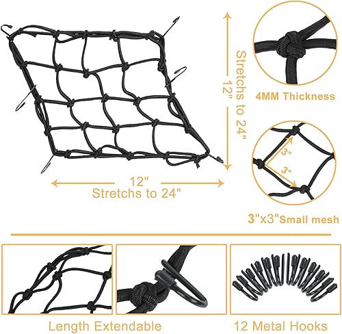 Miniatura 2 de Paquete de 2 redes elásticas de carga para motocicleta, red de carga pequeña de 12 x 12 pulgadas, elástica a 24 pulgadas con 6 ganchos ajustables