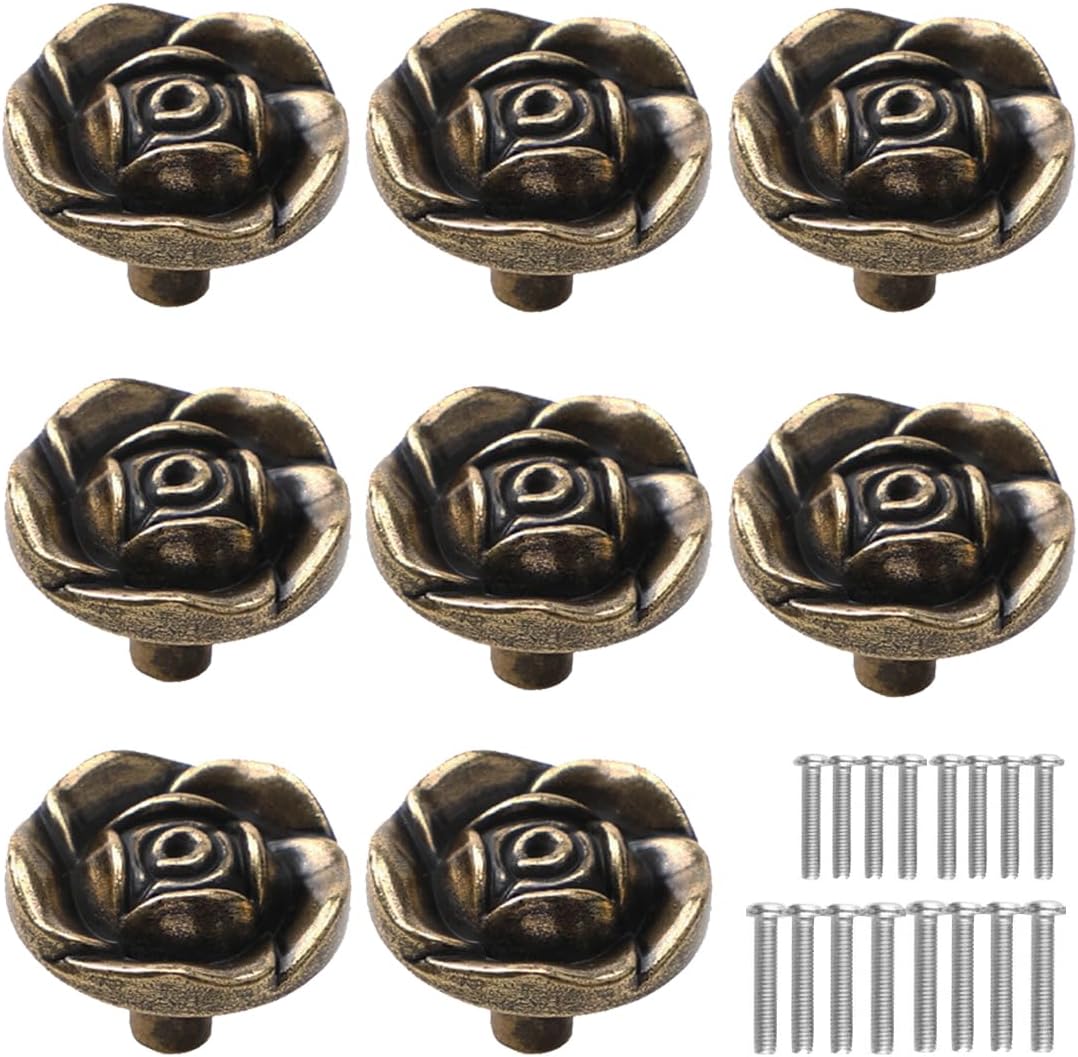 Antique Rose Flower Cabinet Knobs, [8 Pack] Vintage Zinc Alloy Rose Drawer Knobs, Decorative Knobs for Kitchen, Cupboard, Cabinets and Dresser Drawers, Bronze
