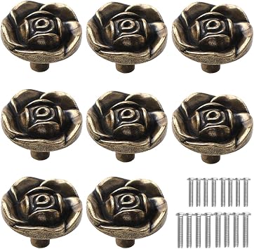 Antique Rose Flower Cabinet Knobs, [8 Pack] Vintage Zinc Alloy Rose Drawer Knobs, Decorative Knobs for Kitchen, Cupboard, Cabinets and Dresser Drawers, Bronze