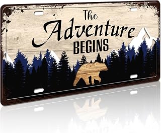 Retro Vintage License Plate Wall Decor, The Adventure Begins Metal Sign, Woodland Nursery Decor, Bear Mountain Inspirational Quotes Signs for Home Cabin Decor, Forest Camping Sign 12x6 Inch