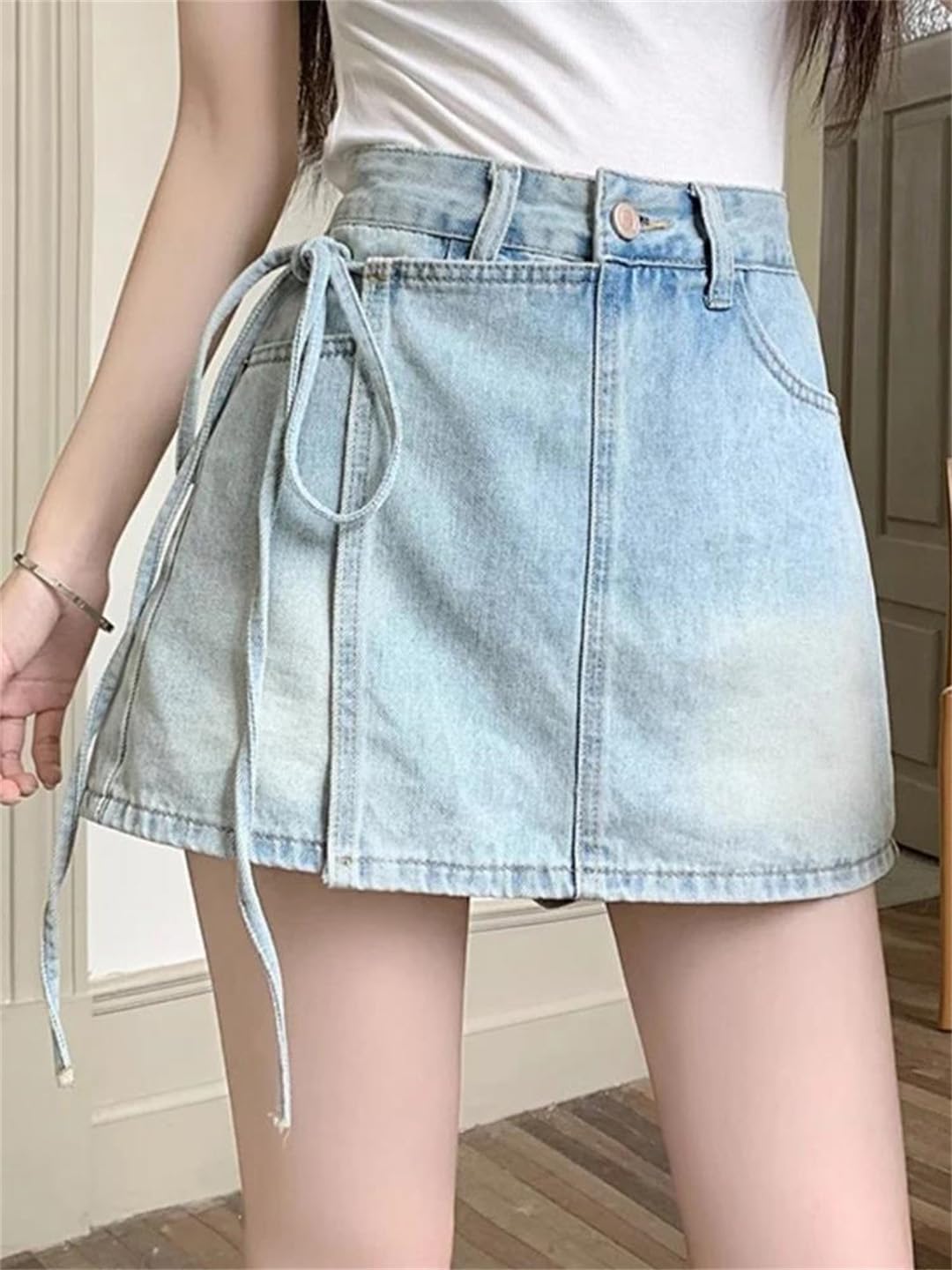 Gonna corta da donna in denim con lacci in tinta unita casual versatili gonne a vita svasata