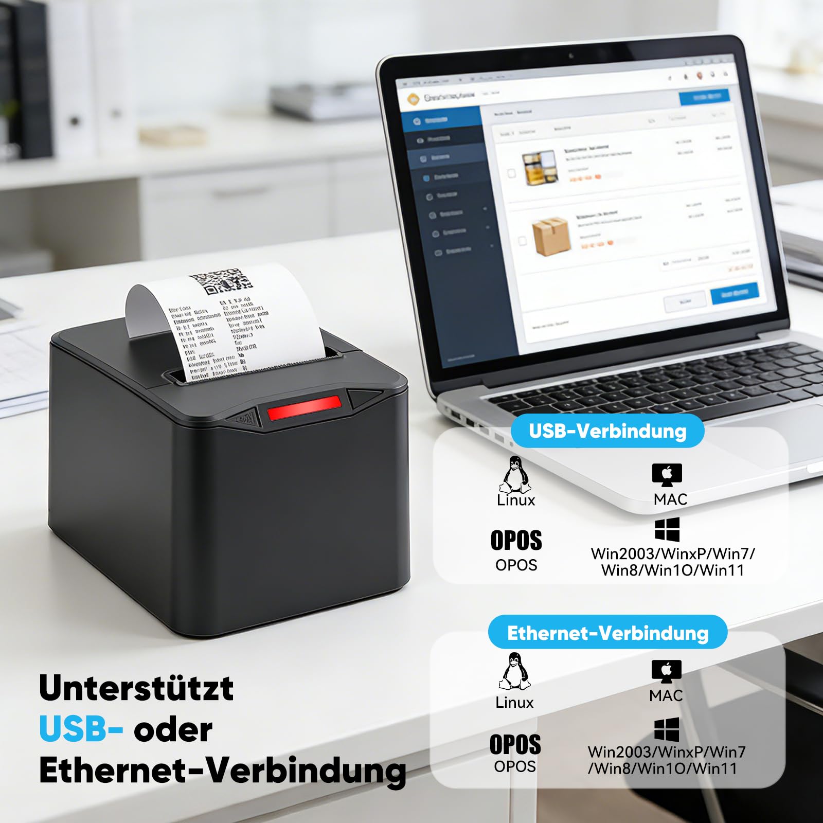 Bondrucker 80mm Thermodrucker, Belegdrucker mit USB & Ethernet (LAN), 220mm/s Hoher Geschwindigkeit, Automatischer Schneider, Quittungsdrucker für Kasse, Gastronomie, Kompatibel mit Mac/Windows/Linux