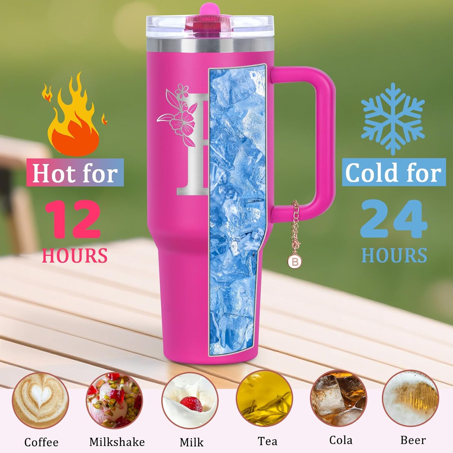 Personalized 40 oz Monogrammed Tumbler with Handle & Flip Straw, 100% Leak Proof stainless steel Insulated Tumbler, Customized Initial Funny Gifts for Women Mom Sisters Coworker, B - Image 3