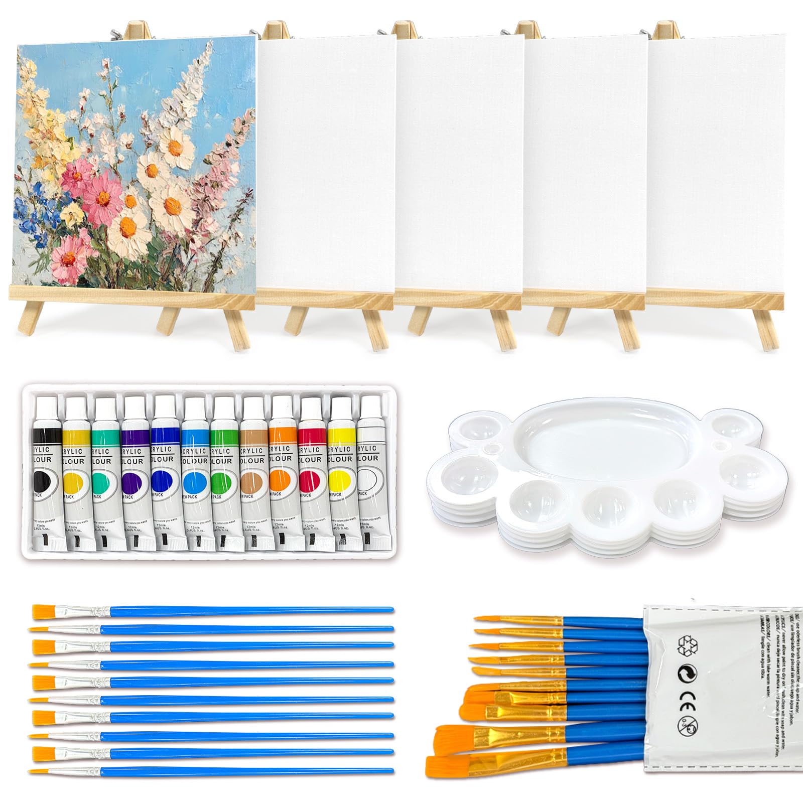 Fayavoo 5 Pack Mini Canvas and Easel Set, Small Canvases for Painting, Mini Canvas Painting Set with Wooden Easels, Acrylic Paint, Brushes and Palette for for Adults Kids (20 x 20cm)