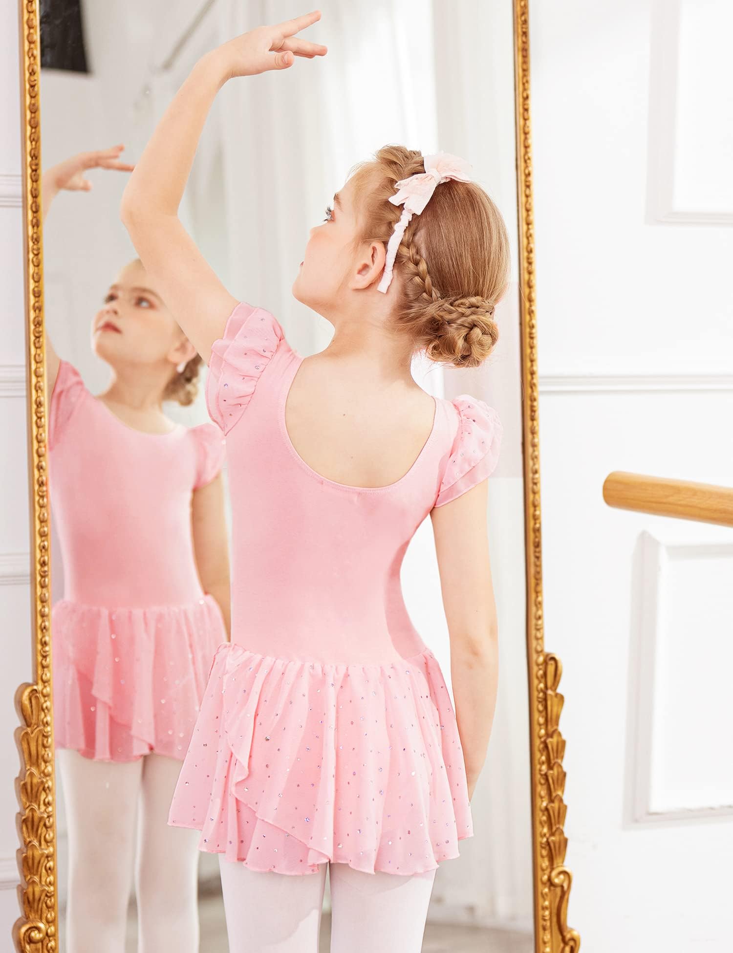 Trudge Ropa de Ballet para Niñas - Vestido Manga Corta de Algodón con Leotardo y Falda Tutú - Traje de Baile