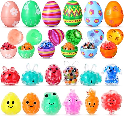 Simgoing Juego de 24 huevos de Pascua de plástico con mini bolas de Pascua, huevos de plástico rellenables para cesta de Pascua, recuerdos de fiesta