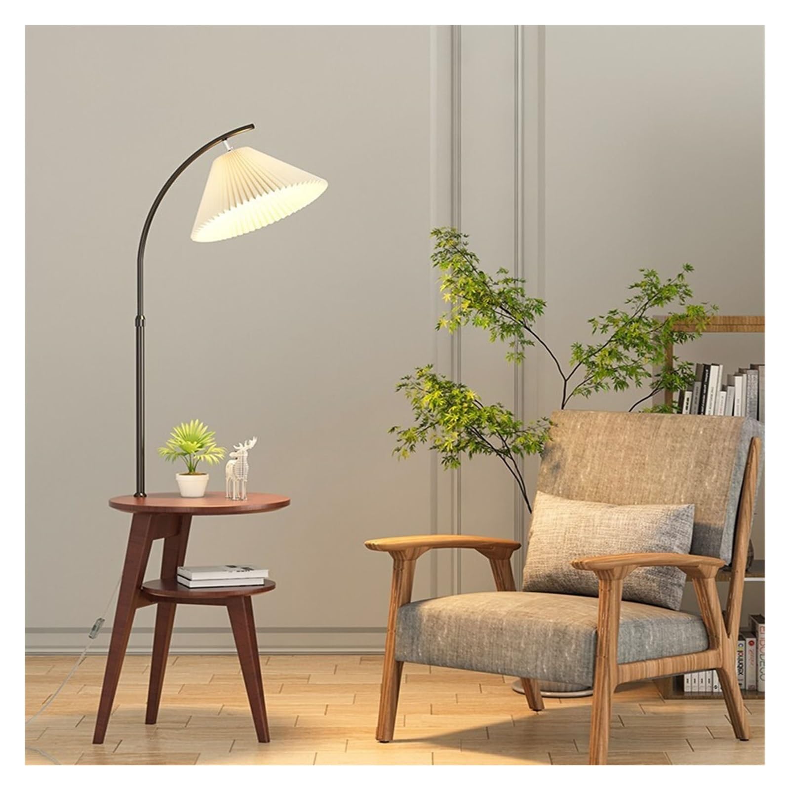 E7v2t9k6 Walnut Standard Lamp Floor Lamp With Table, Wood Nightstand/Side Standing, Minimalist For Home Decoration Corner