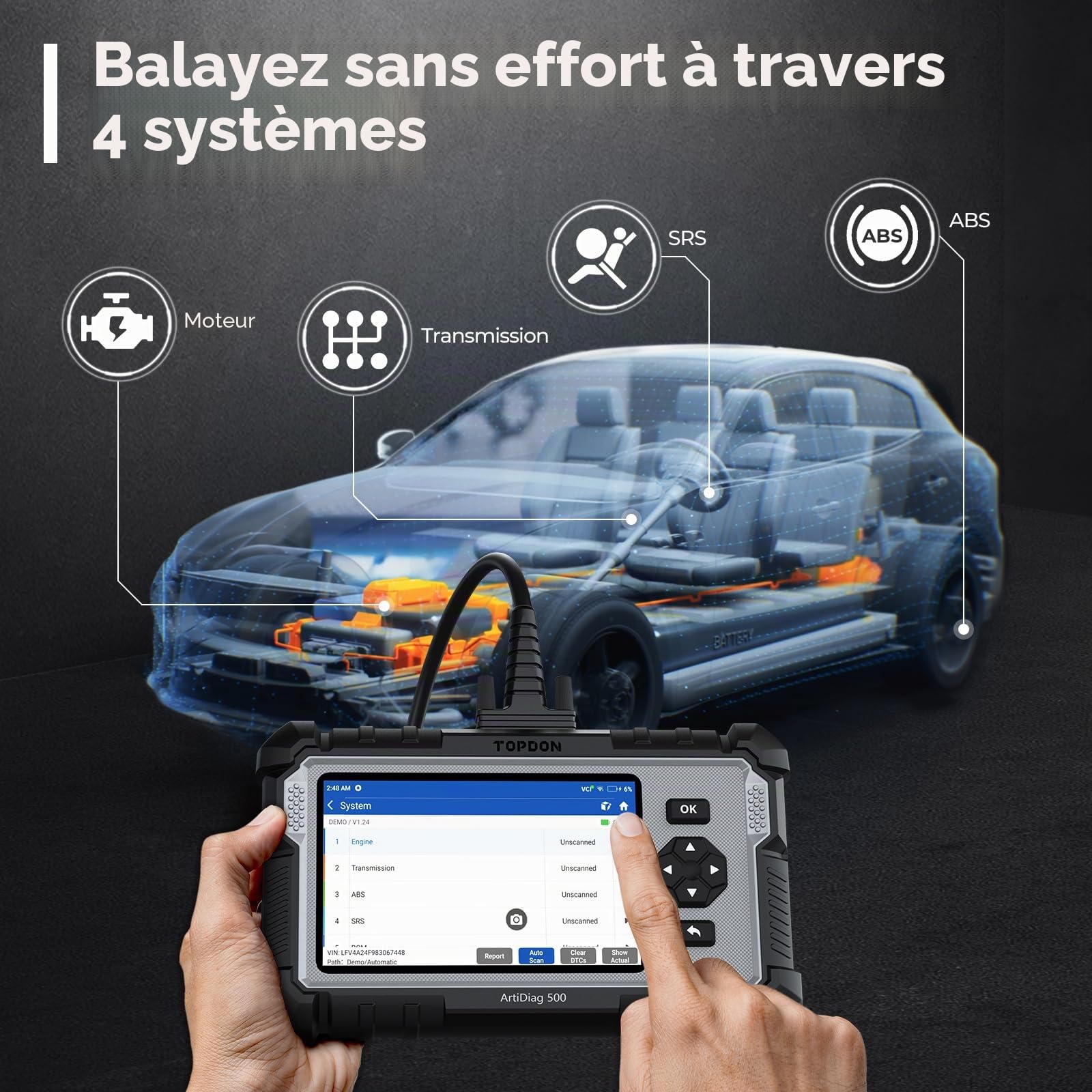 TOPDON AD500 Valise Diagnostic Auto, 4 systèmes Outil de Diagnostic Voiture Multimarque,Moteur Transmission SRS ABS, 6 Réinitialisation de Service, Mise à Jour Gratuite
