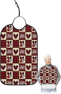 BOBOWUNY Valentine Day Love Heart Adult Bibs for Elder Women Men Eating, Red and Black Checkered Waterproof & Washable Bibs for Eating Clothing Protector Dining Bibs for Crumb Catcher