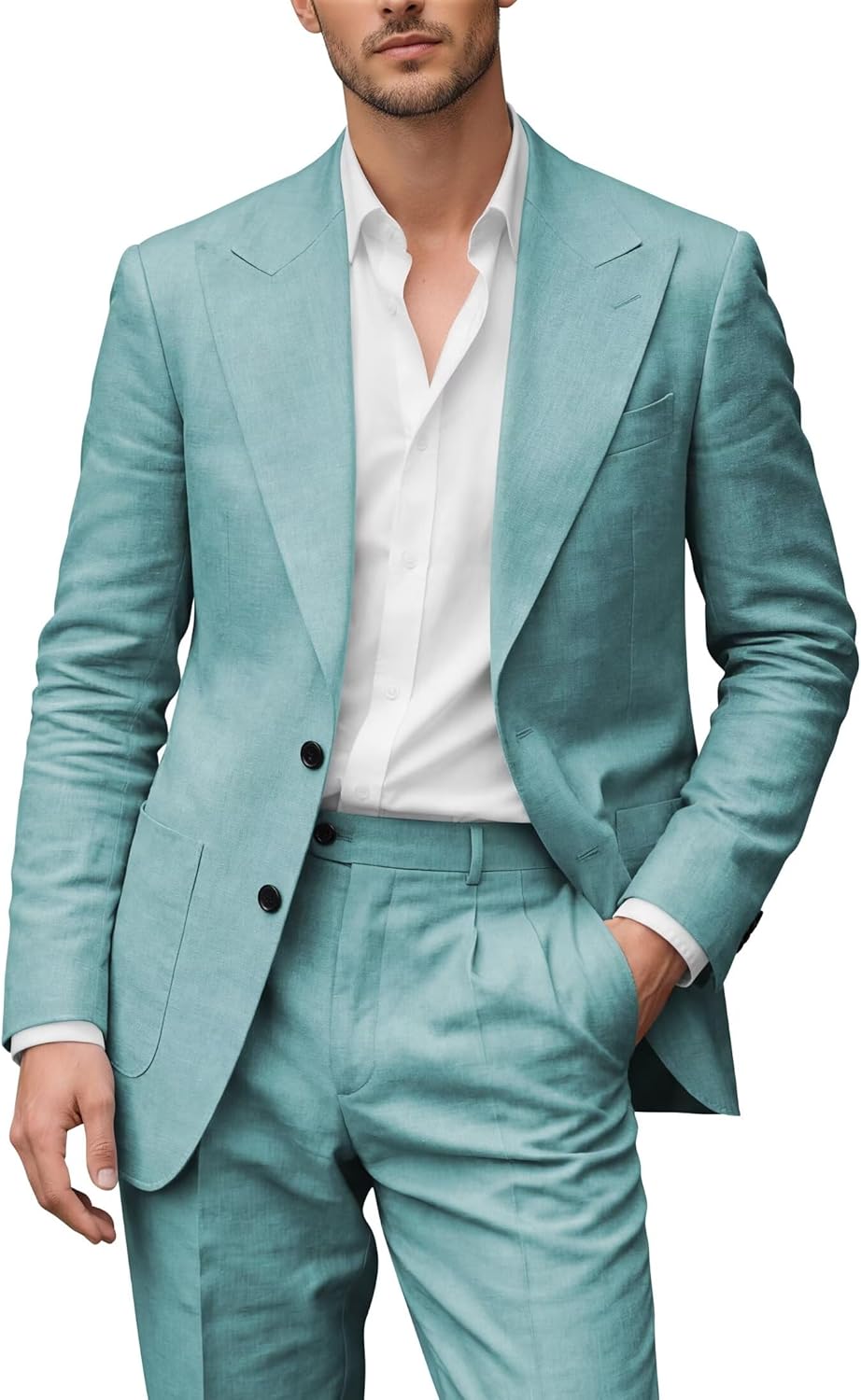 Mens Linen Suit 2 Piece Slim Fit Casual Lightweight Suits for Beach Wedding Peak Lapel Jacket Pants Set