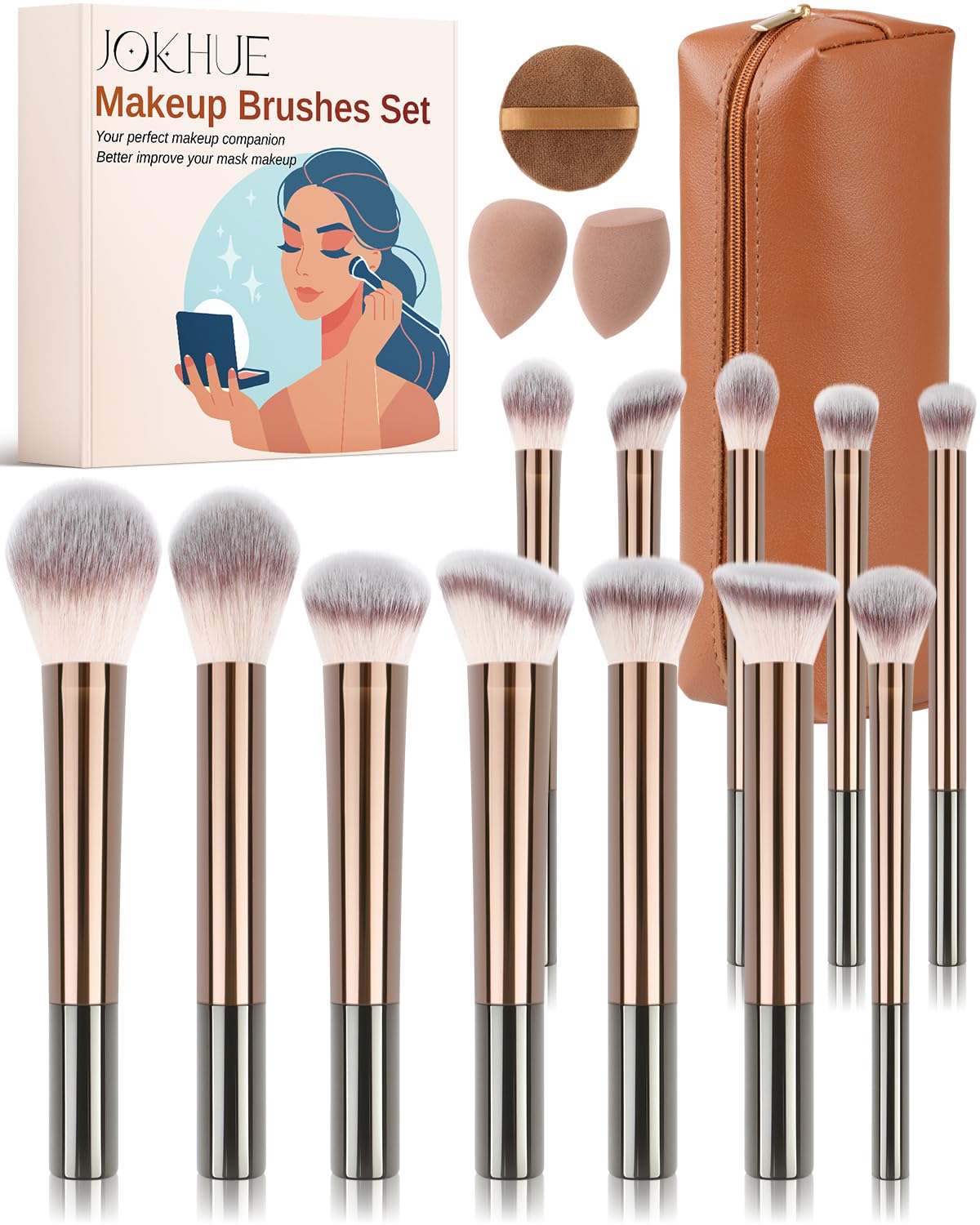 Makeup Brushes Set, 12 Pcs Multi-functional Cosmetic Brushes Tools Kit With 3 Makeup Sponges and Storage Bag, Soft Bristles are Suitable for Foundation, Concealer, and Eyeshadow (Brown)
