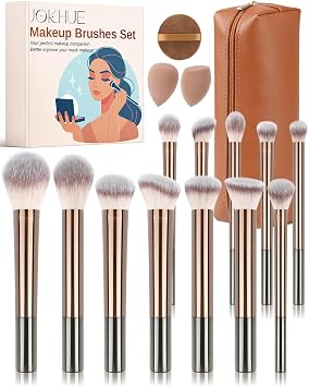 Makeup Brushes Set, 12 Pcs Multi-functional Cosmetic Brushes Tools Kit With 3 Makeup Sponges and Storage Bag, Soft Bristles are Suitable for Foundation, Concealer, and Eyeshadow Brown
