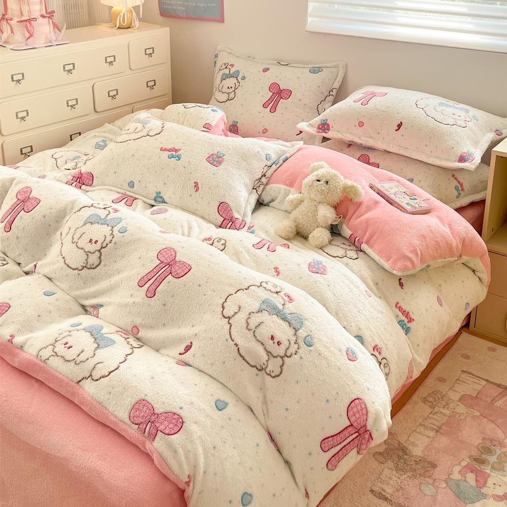 Cute Puppy Duvet Cover Set Colorful Polka Dot Bow Pattern Fluffy Duvet Cover Kawaii Cartoon Comforter Cover Soft Kids Duvet Cover Twin Size Bedding Set(Puppy,Twin)
