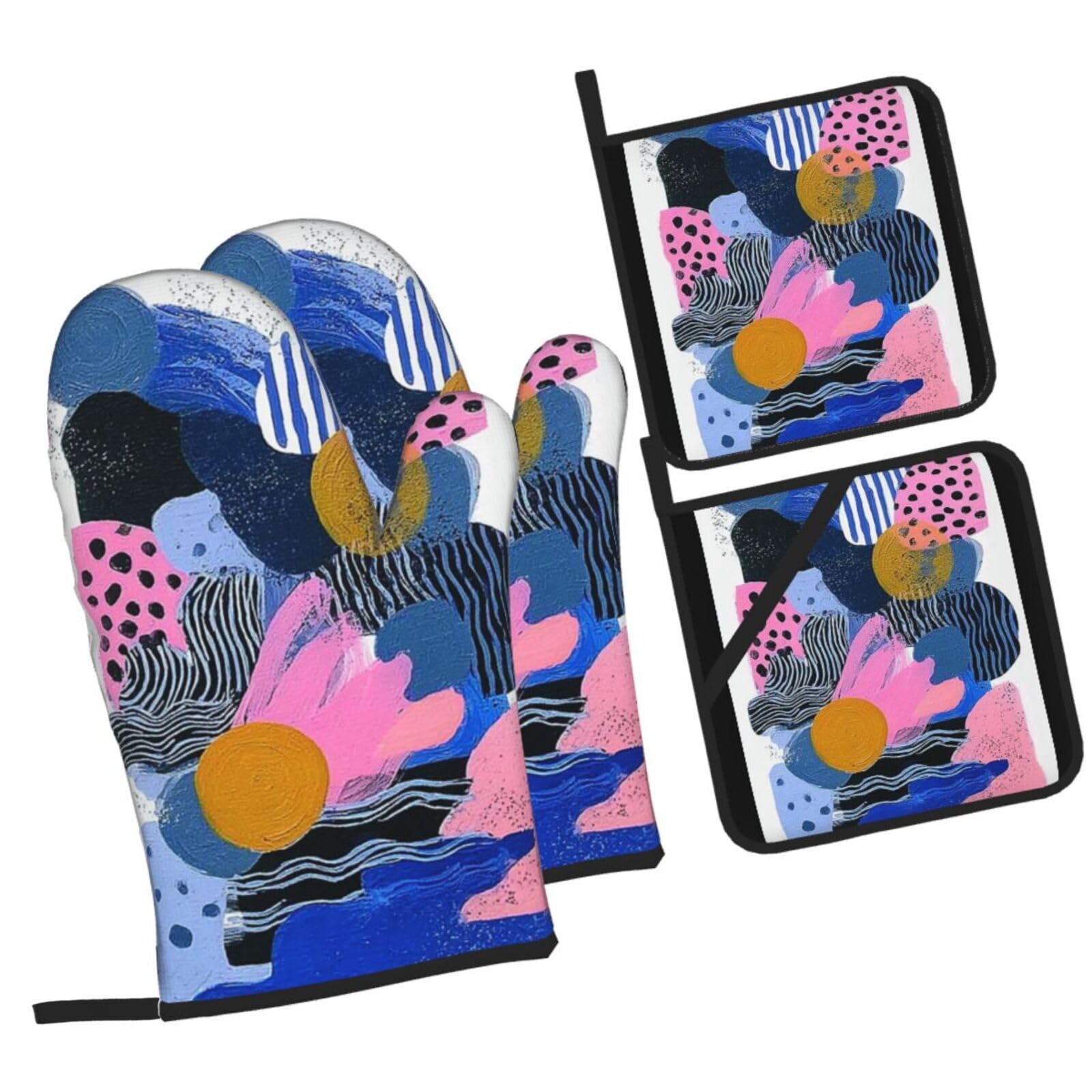 Gant Four Lignes Bleues Noires Gant de Cuisine Lot de 4 Gant Four Anti,Antidérapantes, en Doux, pour la Cuisine