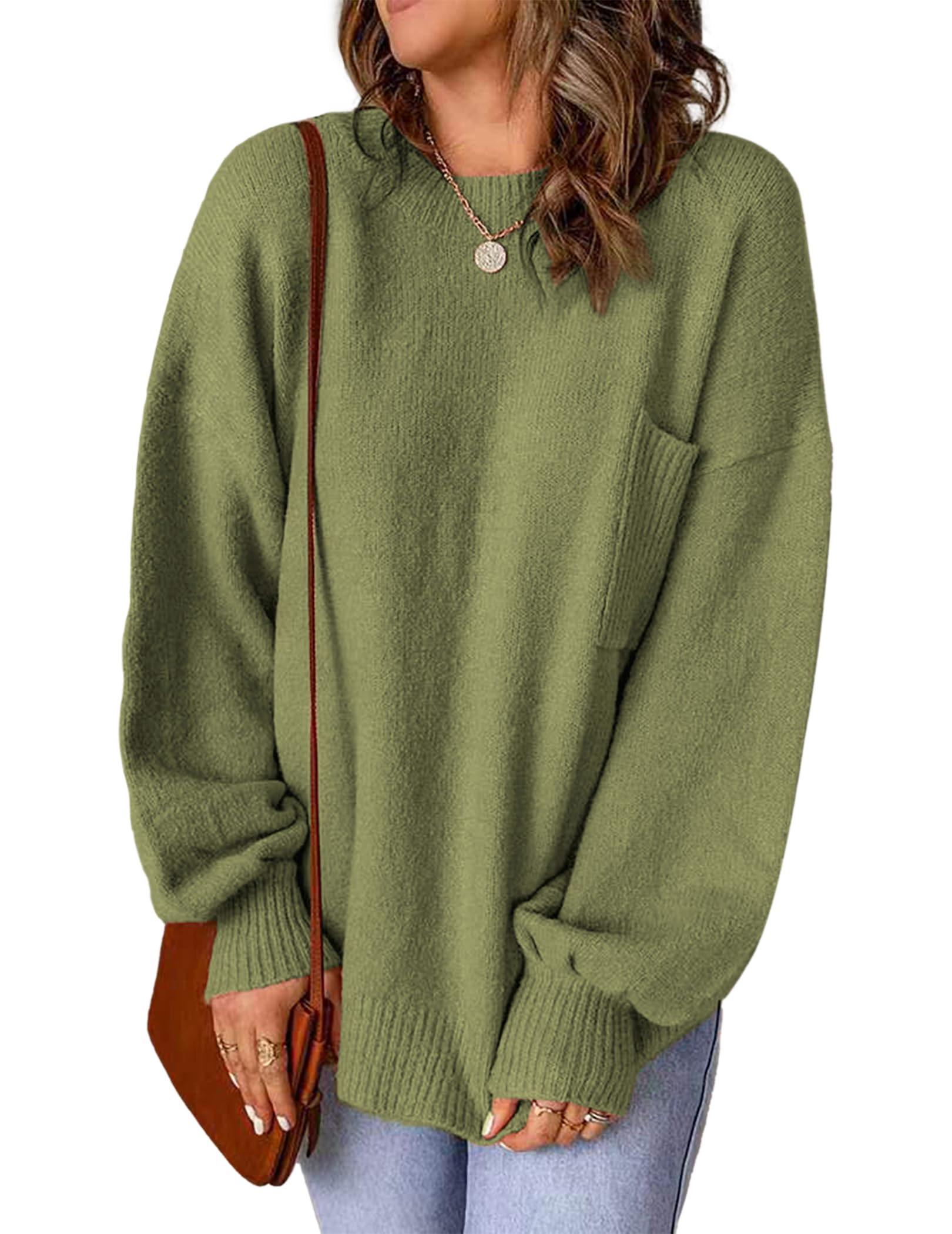 Oversized Crewneck Pocket Pullover Sweaters for Women 100 Cashmere Ribbed Knit Tunic Top Casual Fall Sweater