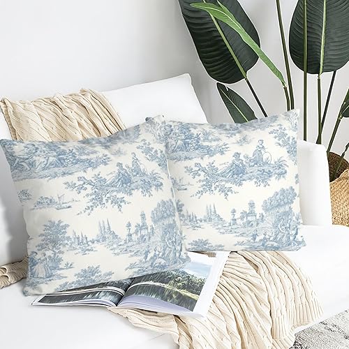 Miniatura 5 de Juego de 2 fundas de almohada de campo francés, fundas de almohada azules de estilo Toile vintage, fundas de almohada de 20 x 20 pulgadas, para