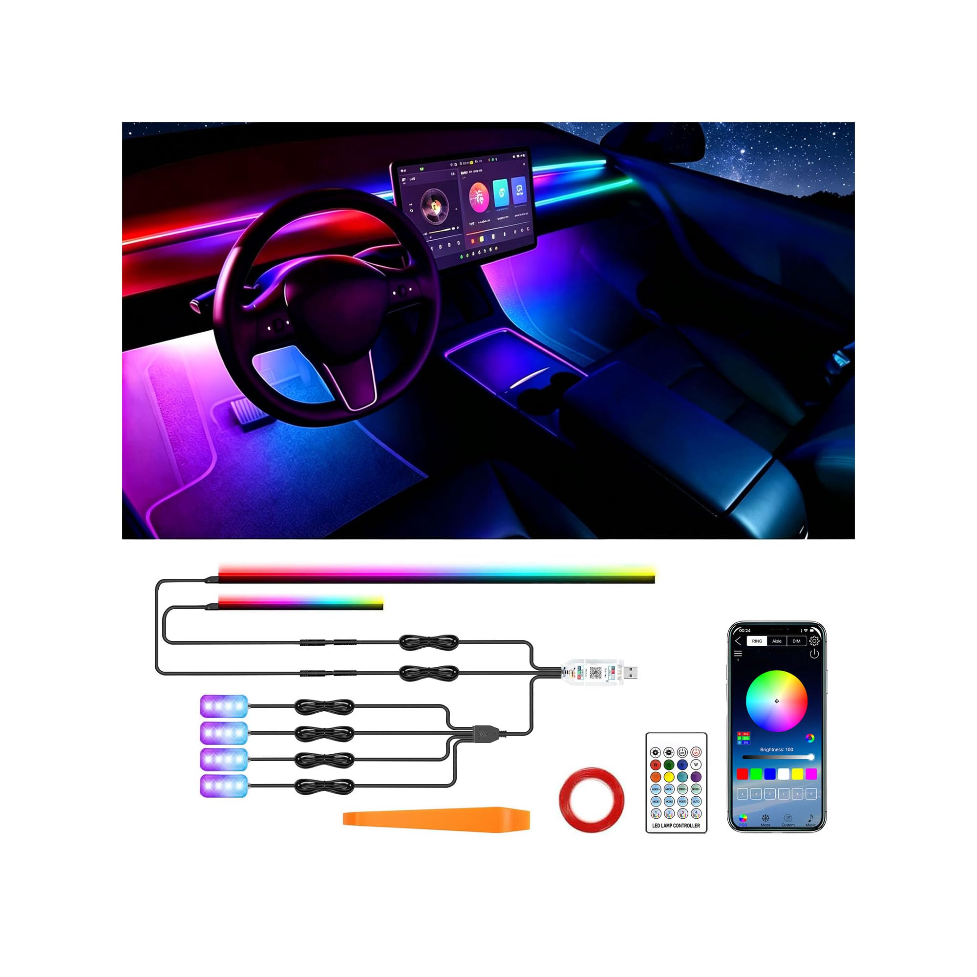 Luci LED per interni auto, Illuminazione ambientale per auto con controllo APP, Luci interne per auto RGB 6 in 1, Kit luci per atmosfera auto con sincronizzazione musicale Dynamic Dreamcolor Chasing