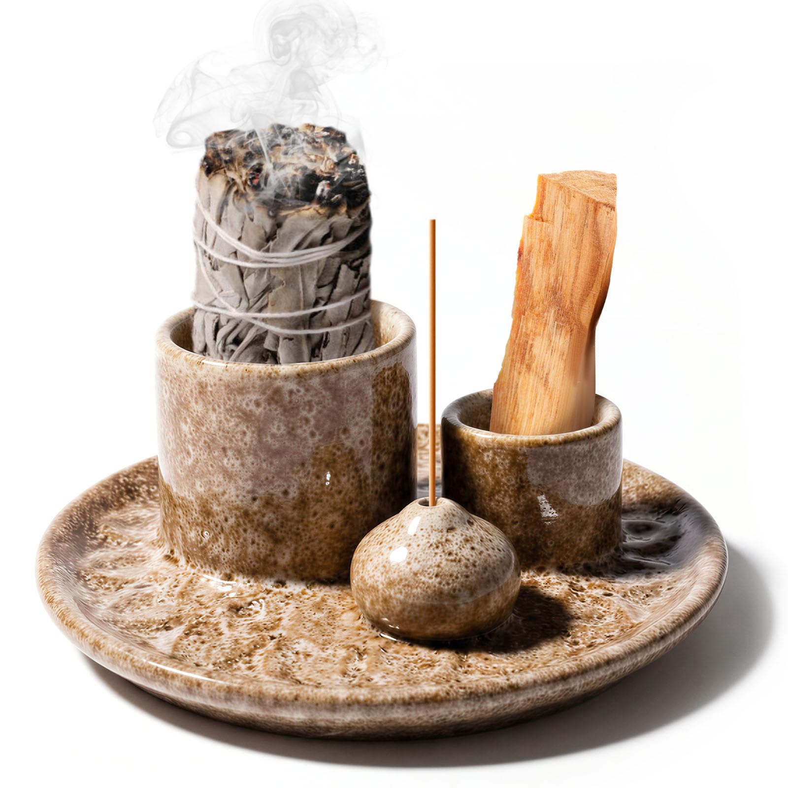 Incense Burner Holder,4 in 1 Incense Bowl,Palo Santo Holder Ceramic Candle Holders Tray for Any Palo Santo Stick Sage Incenses Cone with Sturdy Base and 3 Stand for Yoga Meditation Room Home Decor