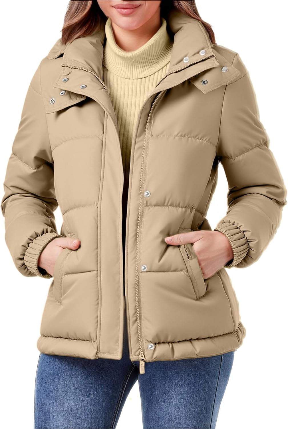 hathne Women's Cropped Puffer Jacket Coats Winter Zip Up Hooded Short Warm Padded Jacket Outerwear - Image 3