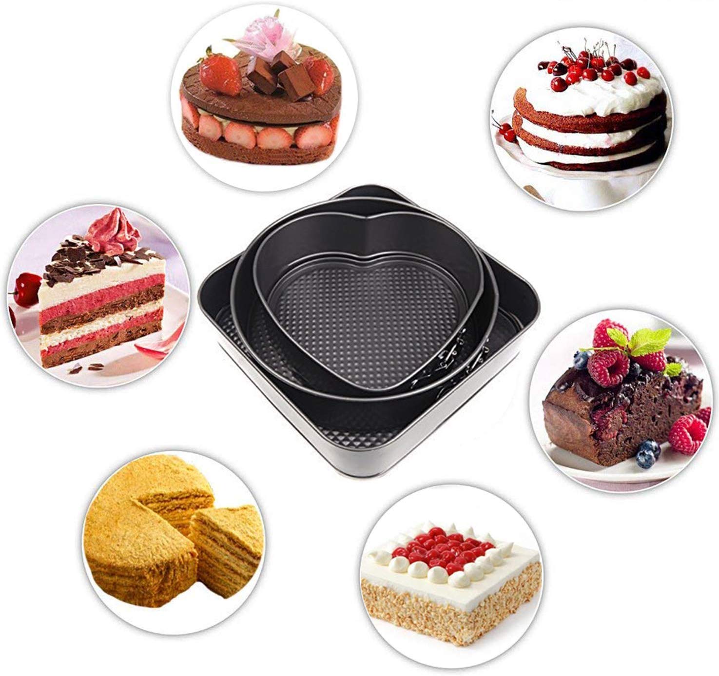 Krishi Springform Cake Mould Tin Set of 3 Pcs Mold Heart Round Square for Microwave Oven Bakeware (Multicolor) (3)