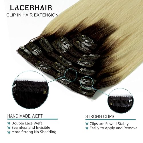 Vista 307 de Lacer Extensiones de cabello humano con clip, de doble trama, cabello brasileño de cabeza completa, color negro azabache, extensiones de cabello