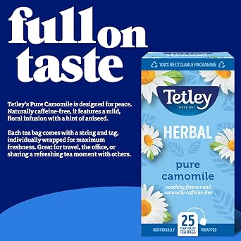 Tetley Pure Camomile Tea Bags - Gentle & Floral Herbal Infusion - Naturally Caffeine-Free - Relaxing & Soothing - Rainforest Alliance Certified - 150 Individually Wrapped Teabags (6x25 Pack)