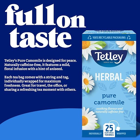 Tetley Pure Camomile Tea Bags - Gentle & Floral Herbal Infusion - Naturally Caffeine-Free - Relaxing & Soothing - Rainforest Alliance Certified - 150 Individually Wrapped Teabags (6x25 Pack)