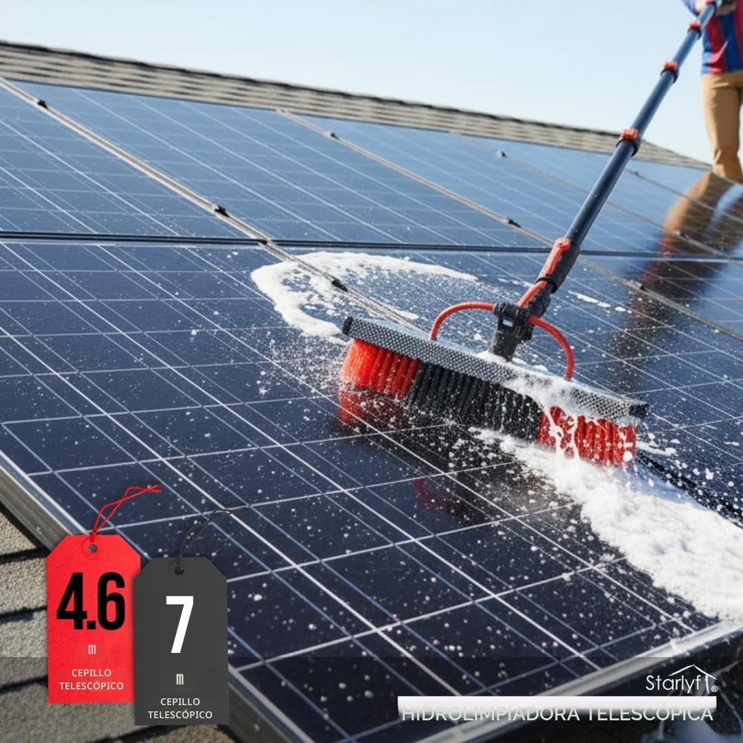 STARLYF - Cepillo de Limpieza telescópico, Alimentado por Agua, dispensador de jabón, Limpieza de Paneles solares, Kit de Limpieza de Ventanas con escobilla de Goma