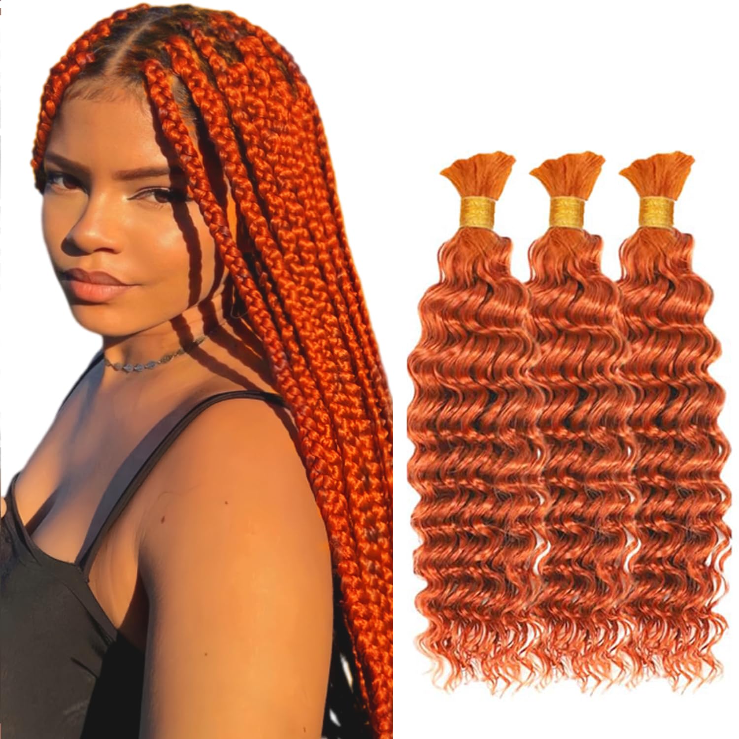 350 Ginger Human Braiding Hair for Boho Braids 18 18 18 Inch Orange Deep Wave Bulk Human Hair Knotless Boho Braiding Curly Virgin Hair Extensions 150g 3 Bundles/Pack