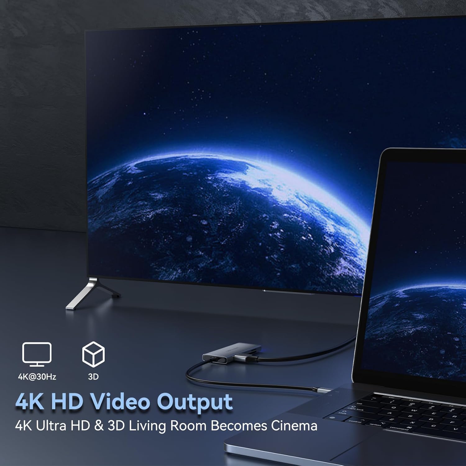 Laptop connected to an external monitor via the USB C Hub's HDMI port, displaying 4K content