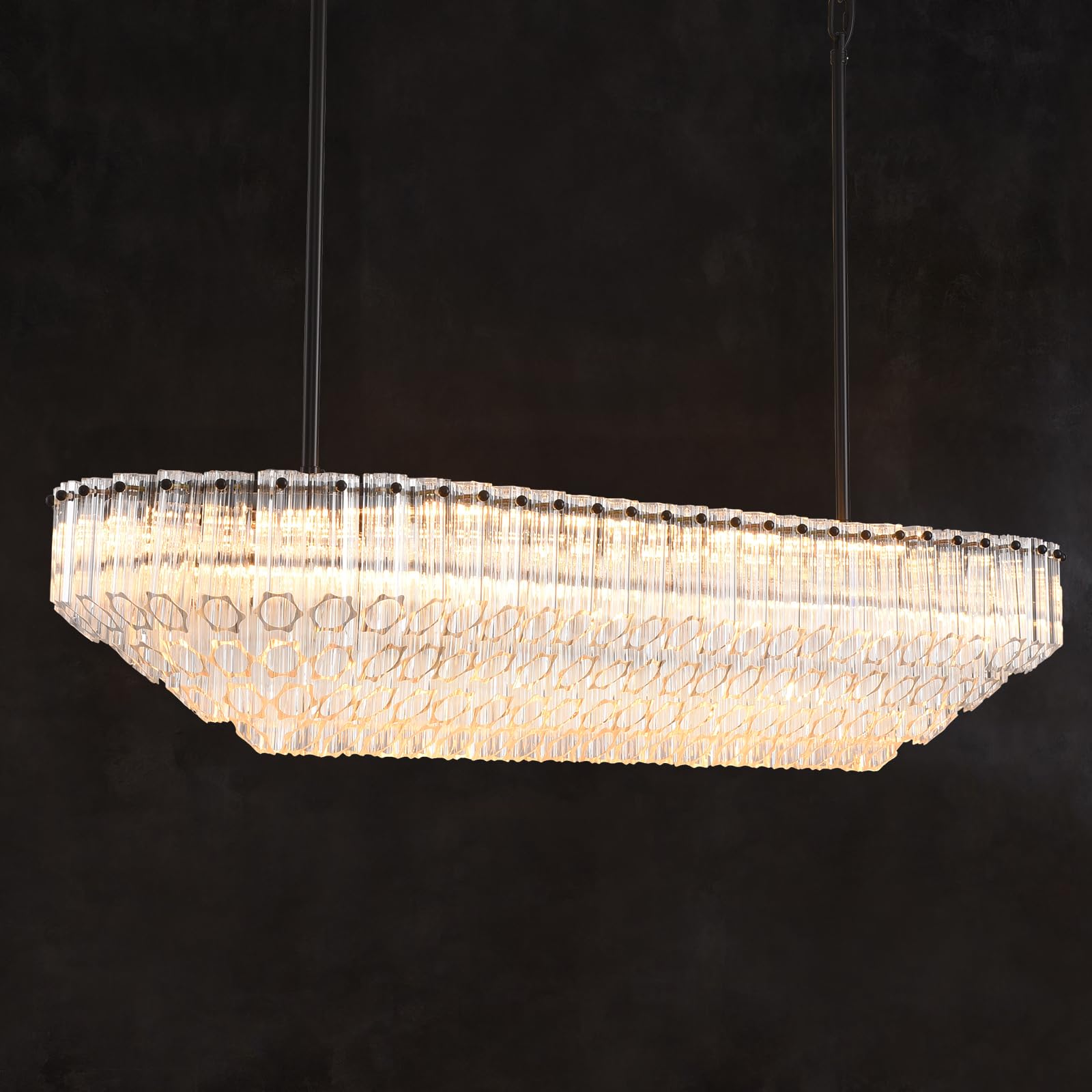 MDEGLYO Modern Rectangular Dining Room Chandeliers, 43" Honeycomb Layered Bright Clear Crystal Long Chandeliers for Dining Room Kitchen Island