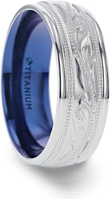 Thorsten Mariner Titanium Milgrain Engraved Finish MenS Wedding Ring With Blue Plating Inside- 8mm
