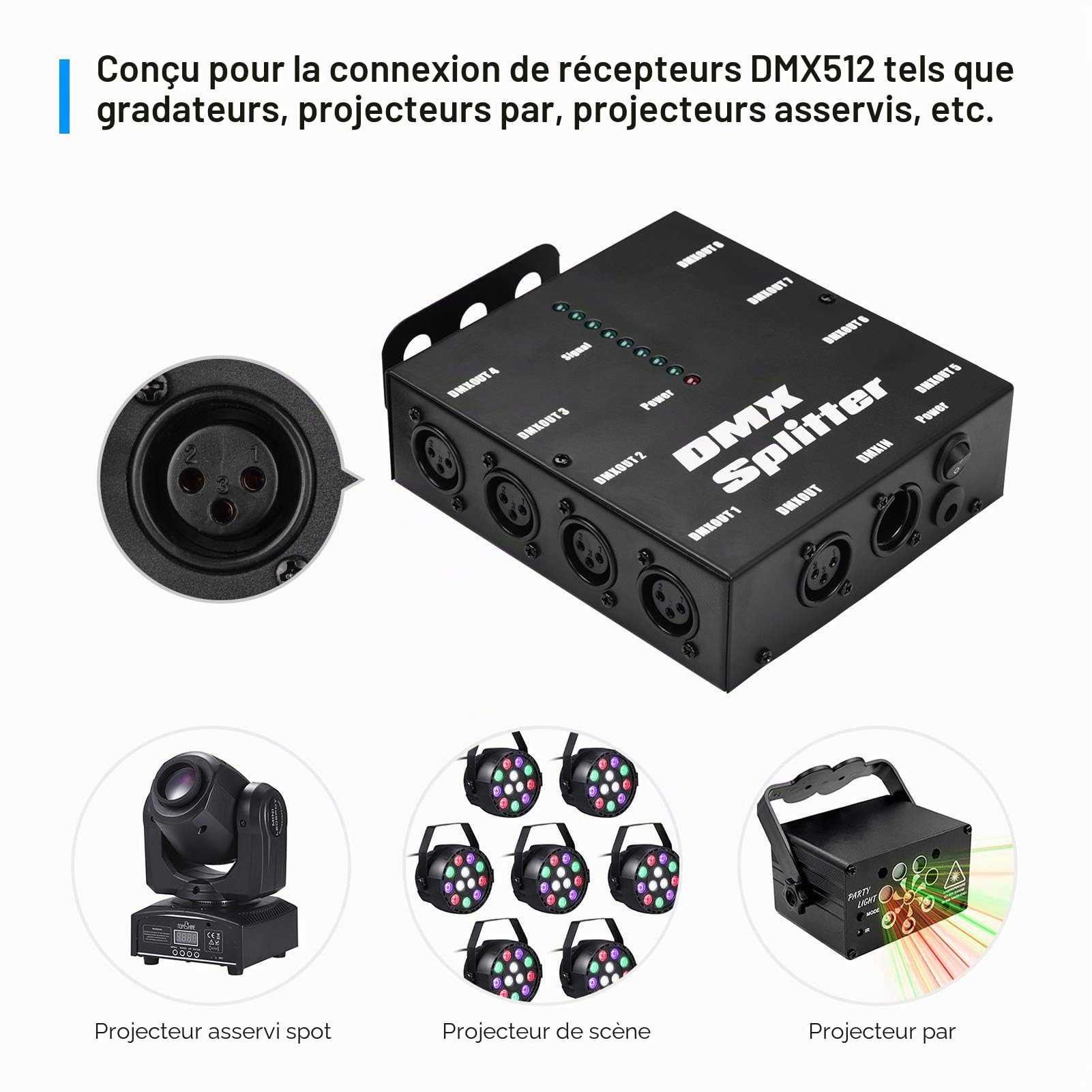 Splitter ,HUIOP 512 Amplificateur de signal optique Spliter Distributeur 1 Entrée et sortie directes 8 Sorties indépendantes pour les contrôleurs de lumières Console de scène Party DJ Club