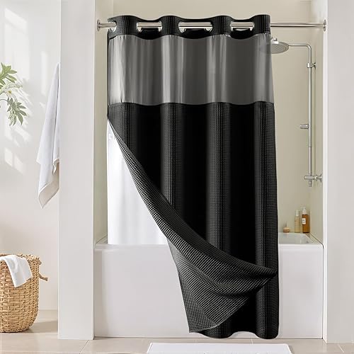 River Dream Juego de cortina de ducha de tela negra, mezcla de algodón, tejido de gofre, con forro de reemplazo a presión, 54 x 80 pulgadas