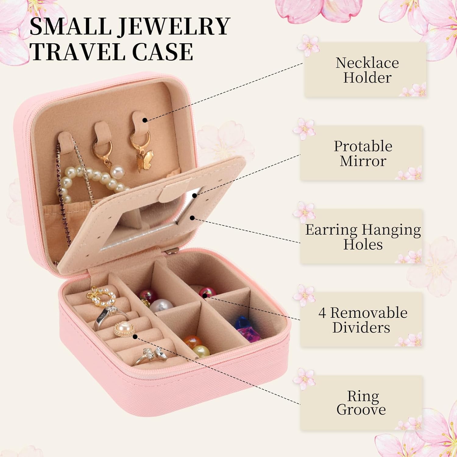 PATIKIL Travel Jewelry Case, Initial Jewelry Box Small Travel Organizer with Mirror for Women Rings Earrings Necklaces Bracelets, Pink (Letter M)