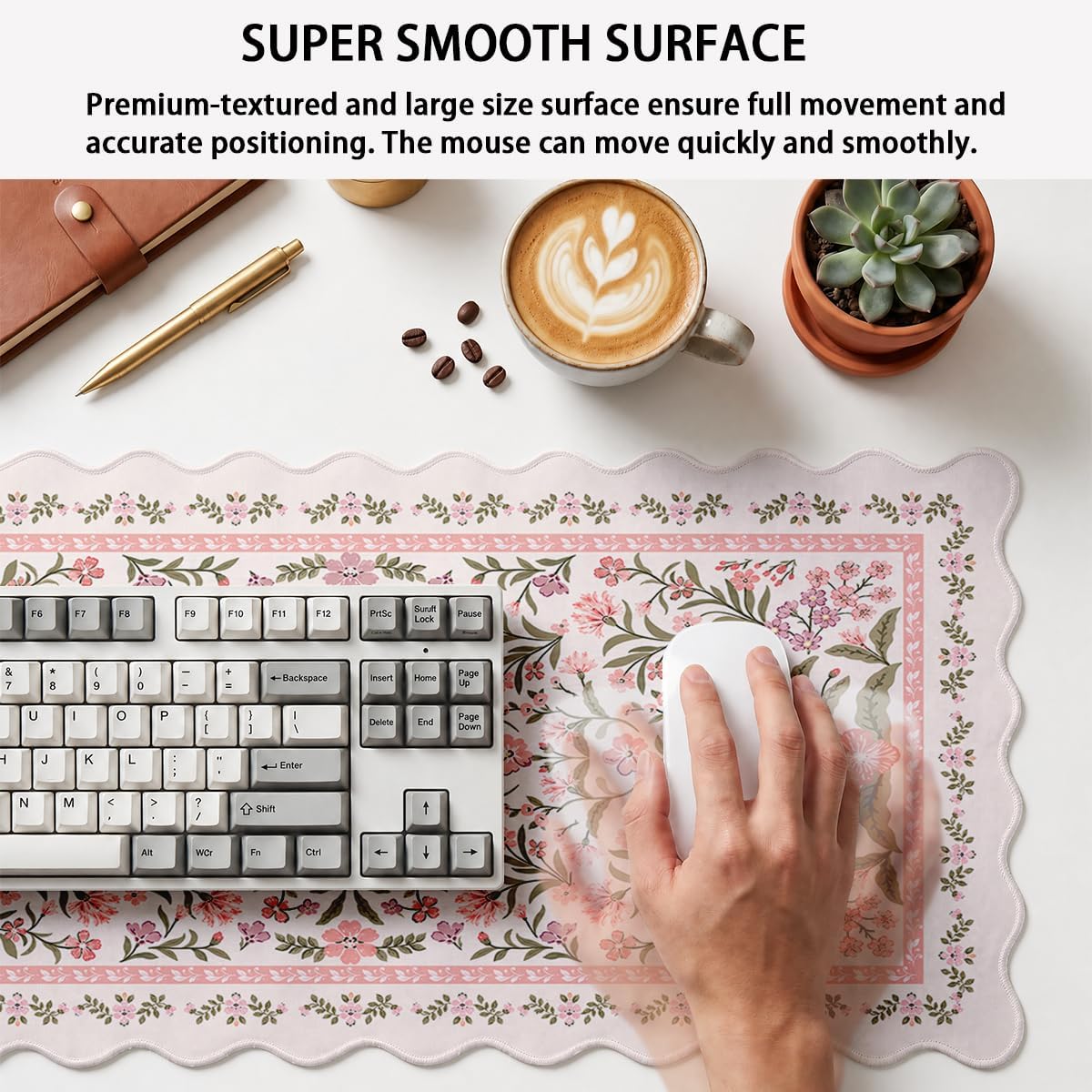 Vintage Floral Scalloped Desk Mat Sage Peach Botanical Scroll Mousepad XL Large Gaming Mouse Pad Laptop Keyboard Mat Desk Pad Office Home Decor for Women Girl 31.5"x15.7" image 4