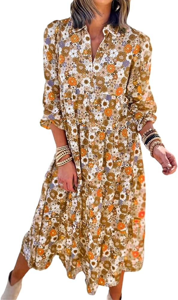 collared boho dress Ivory & Taupe Printed Shirt Collar Dress X29739
