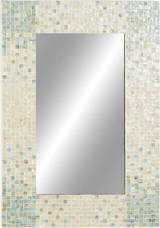 Deco 79 Mother of Pearl Shell Wall Mirror, Mirror 24" x 1" x 36", Cream | Room Handmade Mosaic Entryway Mirror With Blue Corners Mirror