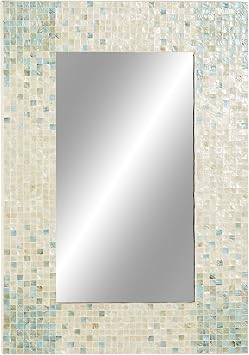 Deco 79 Mother of Pearl Shell Handmade Room Wall Mirror Mosaic Entryway Mirror with Blue Corners, Wall Mounted Mirror 24" x 1" x 36", Cream